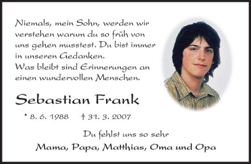  Traueranzeige für Sebastian Frank vom 31.03.2018 aus Trauerportal Rhein Main Presse