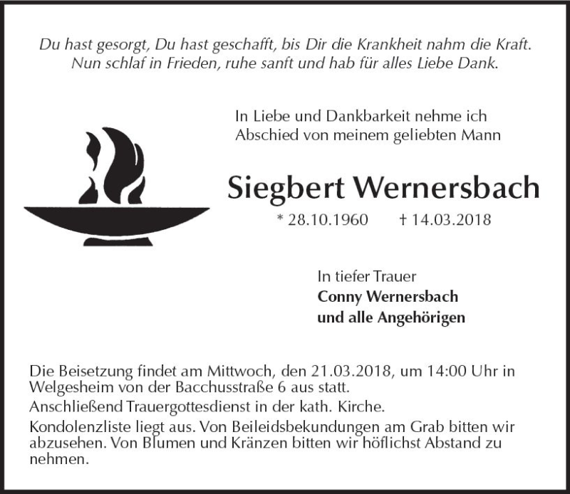  Traueranzeige für Siegbert Wernersbach vom 17.03.2018 aus Trauerportal Rhein Main Presse