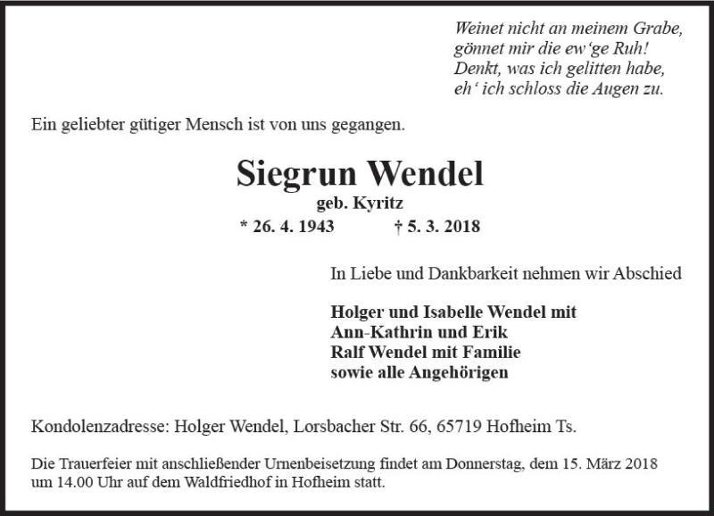  Traueranzeige für Siegrun Wendel vom 09.03.2018 aus Trauerportal Rhein Main Presse