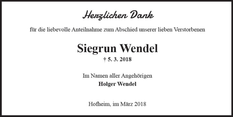  Traueranzeige für Siegrun Wendel vom 27.03.2018 aus Trauerportal Rhein Main Presse