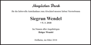 Traueranzeige von Siegrun Wendel von Trauerportal Rhein Main Presse