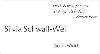 Traueranzeige von Silvia Schwall-Weil von Trauerportal Rhein Main Presse