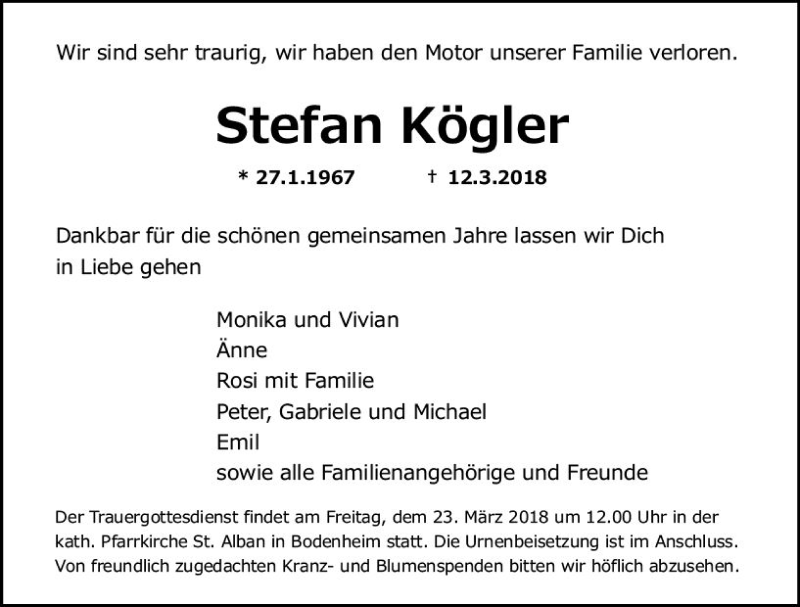  Traueranzeige für Stefan Kögler vom 17.03.2018 aus Trauerportal Rhein Main Presse