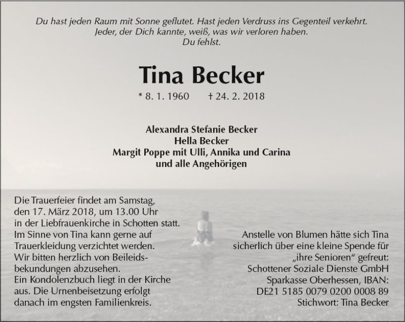  Traueranzeige für Tina Becker vom 10.03.2018 aus  Kreisanzeiger