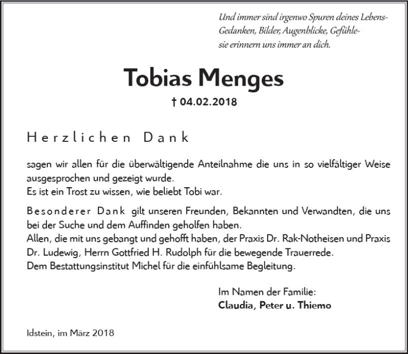  Traueranzeige für Tobias Menges vom 17.03.2018 aus Trauerportal Rhein Main Presse
