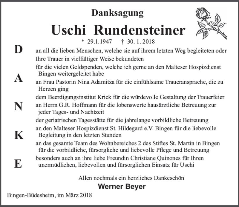  Traueranzeige für Uschi Rundensteiner vom 03.03.2018 aus Trauerportal Rhein Main Presse