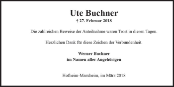 Traueranzeige von Ute Buchner von Trauerportal Rhein Main Presse