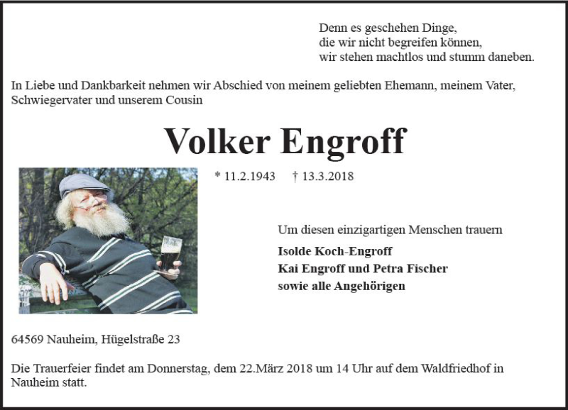  Traueranzeige für Volker Engroff vom 17.03.2018 aus Trauerportal Rhein Main Presse