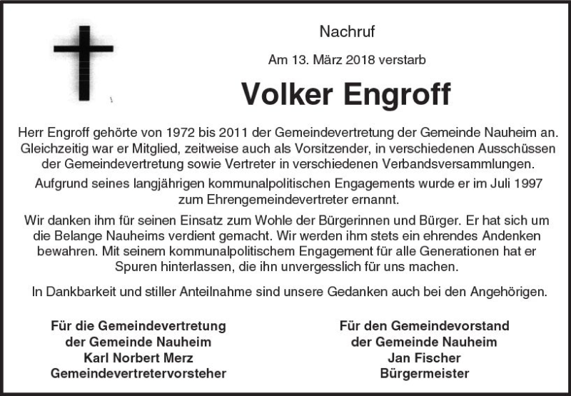  Traueranzeige für Volker Engroff vom 17.03.2018 aus Trauerportal Rhein Main Presse