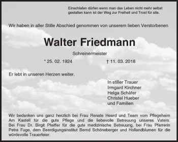 Traueranzeige von Walter Friedmann von Trauerportal Rhein Main Presse
