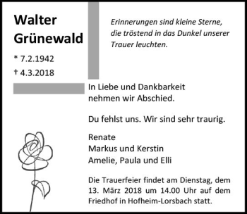 Traueranzeige von Walter Grünewald von Trauerportal Rhein Main Presse
