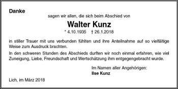 Traueranzeige von Walter Kunz von  Gießener Anzeiger