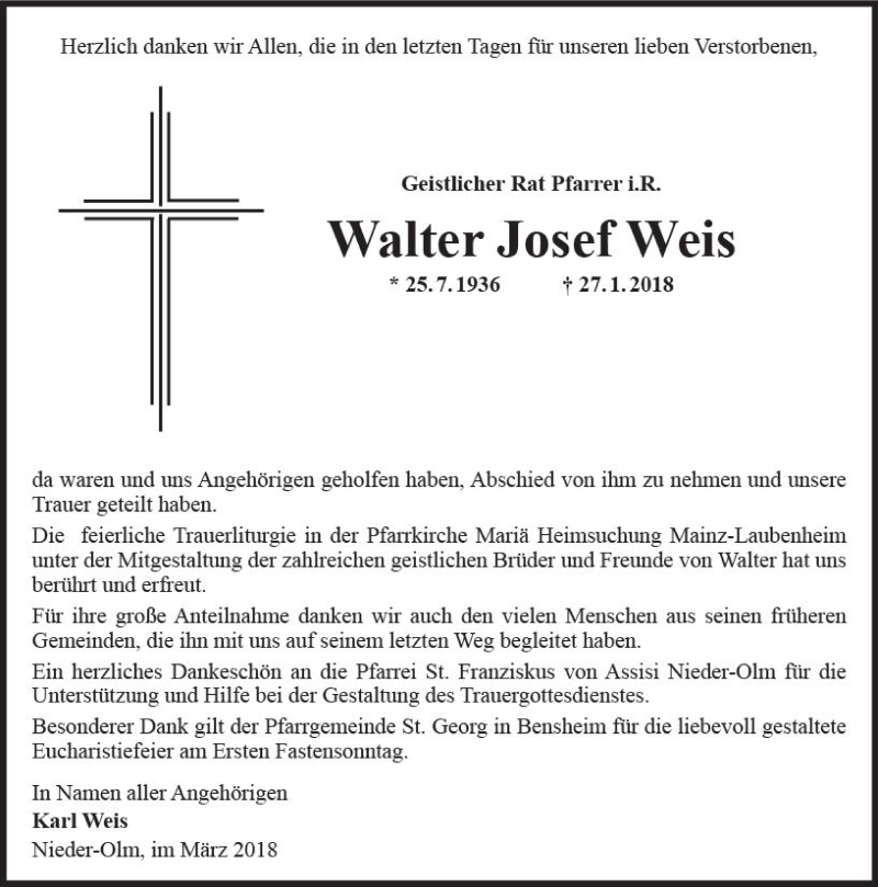  Traueranzeige für Walter Josef Weis vom 24.03.2018 aus Trauerportal Rhein Main Presse