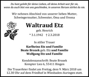 Traueranzeige von Waltraud Etz von Trauerportal Rhein Main Presse