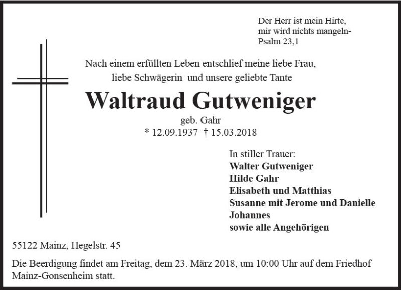  Traueranzeige für Waltraud Gutweniger vom 17.03.2018 aus Trauerportal Rhein Main Presse