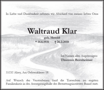 Traueranzeige von Waltraud Klar von Trauerportal Rhein Main Presse