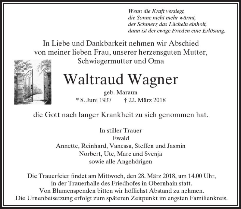  Traueranzeige für Waltraud Wagner vom 24.03.2018 aus  Usinger Anzeiger