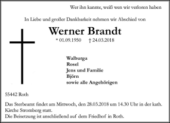 Traueranzeige von Werner Brandt von Trauerportal Rhein Main Presse