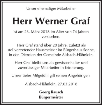 Traueranzeige von Werner Graf von Trauerportal Rhein Main Presse