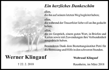 Traueranzeige von Werner Klingauf von Trauerportal Rhein Main Presse