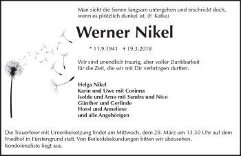 Traueranzeige von Werner Nikel von Trauerportal Rhein Main Presse