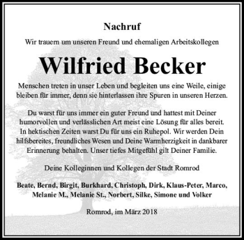 Traueranzeige von Wilfried Becker von VRM Trauer