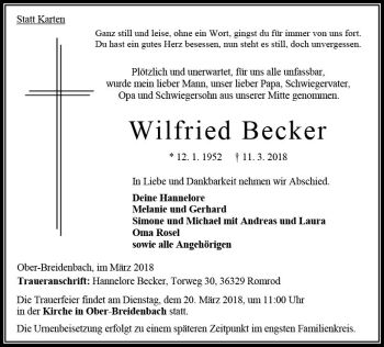 Traueranzeige von Wilfried Becker von VRM Trauer