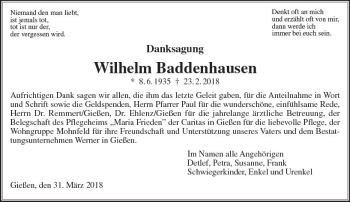 Traueranzeige von Wilhelm Baddenhausen von  Gießener Anzeiger