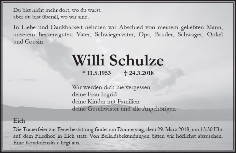  Traueranzeige für Willi Schulze vom 27.03.2018 aus Trauerportal Rhein Main Presse