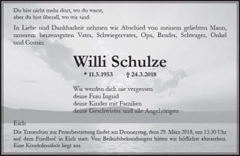 Traueranzeige von Willi Schulze von Trauerportal Rhein Main Presse