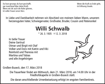 Traueranzeige von Willi Schwalb von  Gießener Anzeiger