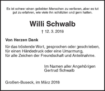 Traueranzeige von Willi Schwalb von  Gießener Anzeiger