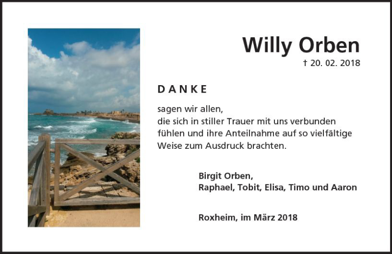  Traueranzeige für Willy Orben vom 31.03.2018 aus Trauerportal Rhein Main Presse