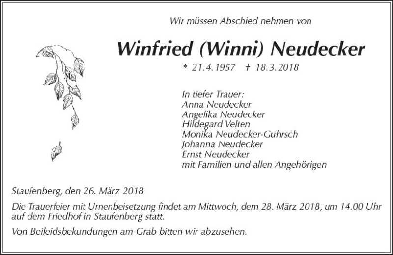  Traueranzeige für Winfried Winni Neudecker vom 26.03.2018 aus  Gießener Anzeiger