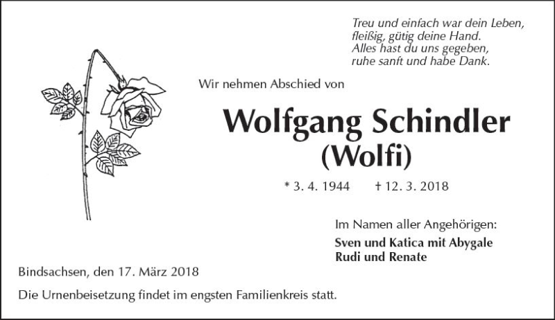  Traueranzeige für Wolfgang Schindler vom 17.03.2018 aus  Kreisanzeiger