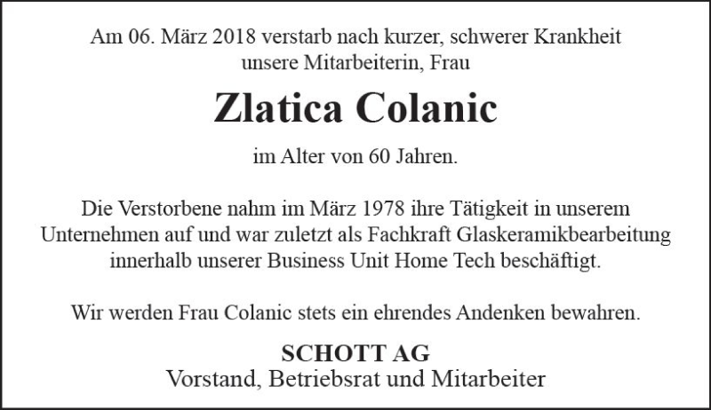  Traueranzeige für Zlatica Colanic vom 10.03.2018 aus Trauerportal Rhein Main Presse