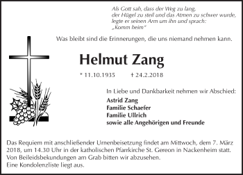 Traueranzeige von Helmut Zang von Trauerportal Rhein Main Presse