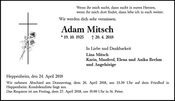 Traueranzeige von Adam Mitsch von Trauerportal Rhein Main Presse
