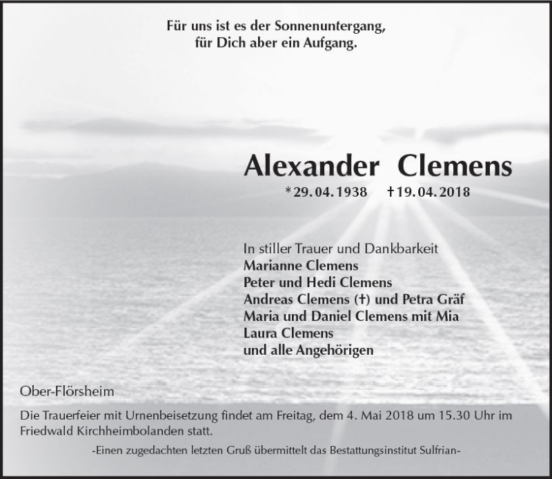  Traueranzeige für Alexander Clemens vom 27.04.2018 aus Trauerportal Rhein Main Presse