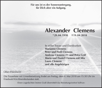 Traueranzeige von Alexander Clemens von Trauerportal Rhein Main Presse