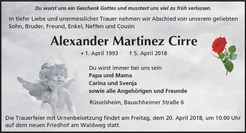  Traueranzeige für Alexander Martinez Cirre vom 14.04.2018 aus Trauerportal Rhein Main Presse
