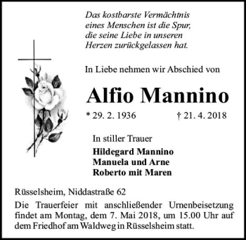 Traueranzeige von Alfio Mannino von Trauerportal Rhein Main Presse
