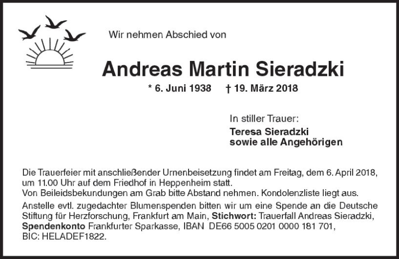  Traueranzeige für Andreas Martin Sieradzki vom 03.04.2018 aus Trauerportal Rhein Main Presse