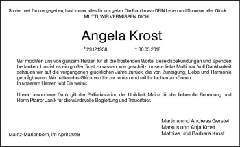 Traueranzeige von Angela Krost von Trauerportal Rhein Main Presse
