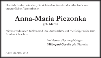 Traueranzeige von Anna-Maria Piezonka von Trauerportal Rhein Main Presse
