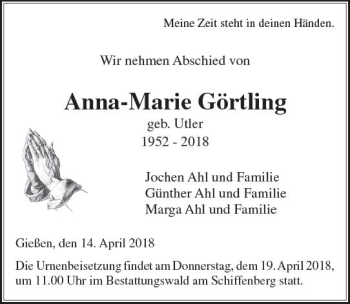 Traueranzeige von Anna-Marie Görtling von  Gießener Anzeiger