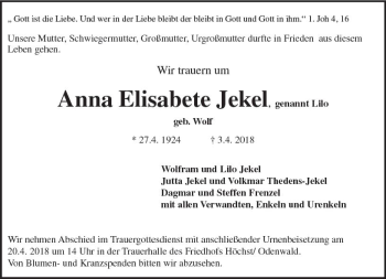 Traueranzeige von Anna Elisabeth Jekel von Trauerportal Rhein Main Presse