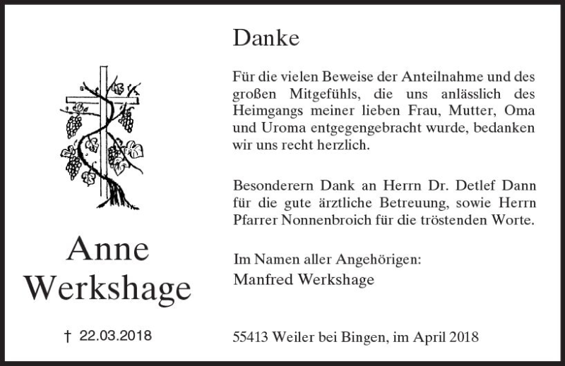  Traueranzeige für Anne Werkshage vom 11.04.2018 aus Trauerportal Rhein Main Presse
