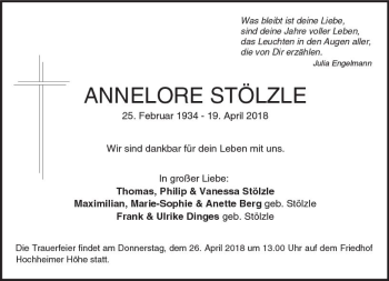 Traueranzeige von Annelore Stölzle von Trauerportal Rhein Main Presse