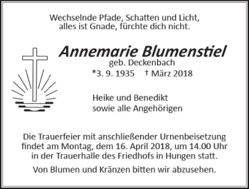 Traueranzeige von Annemarie Blumenstiel von  Gießener Anzeiger
